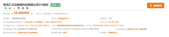 底价10万元青岛汇才云数据科技有限公司3%股权挂牌转让(图1)